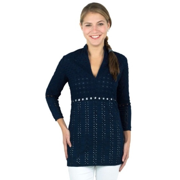 Gretchen Scott Cotton Eyelet Tunic Top Mixed Media Navy Blue size Medium - Picture 1 of 9